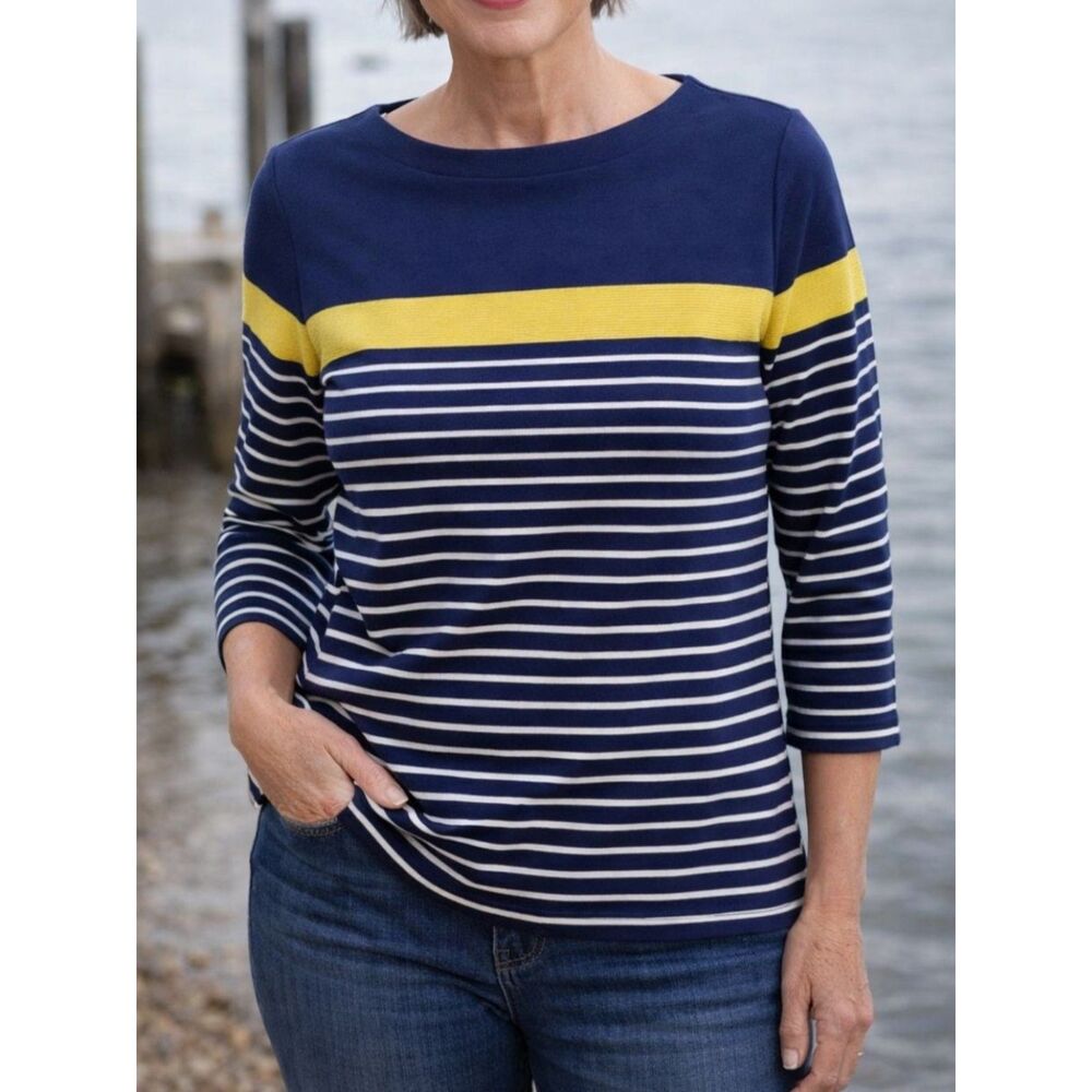 New! KAREN SCOTT Sport Boat Neck Striped Pullover SMALL Women Blue Gold Striped